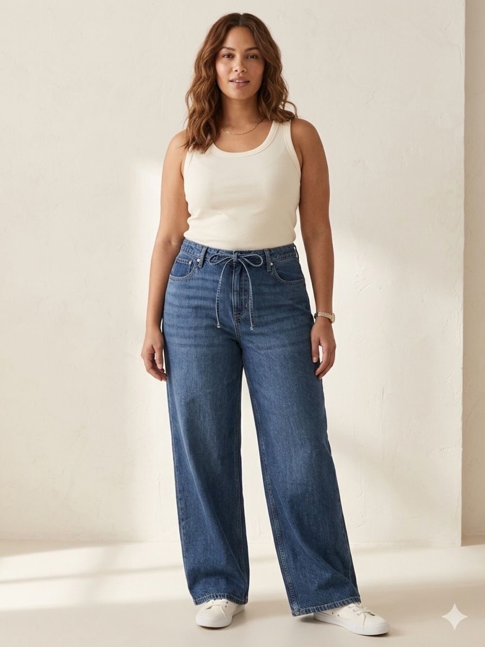 Scoop Wide-Leg High-Rise Blue Jeans with Tie Waist
